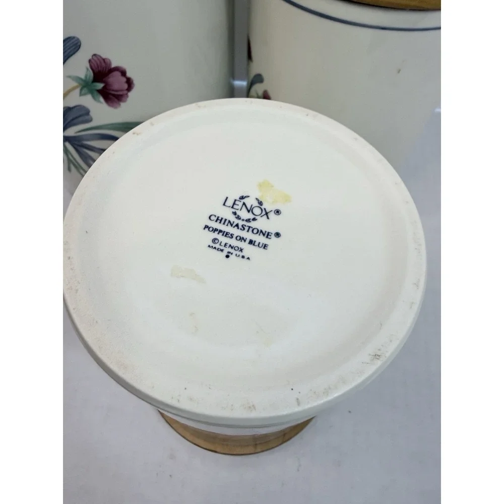 Set Of 3 Lenox 'Poppies on Blue' Canisters Wood Lids Made In USA Vintage